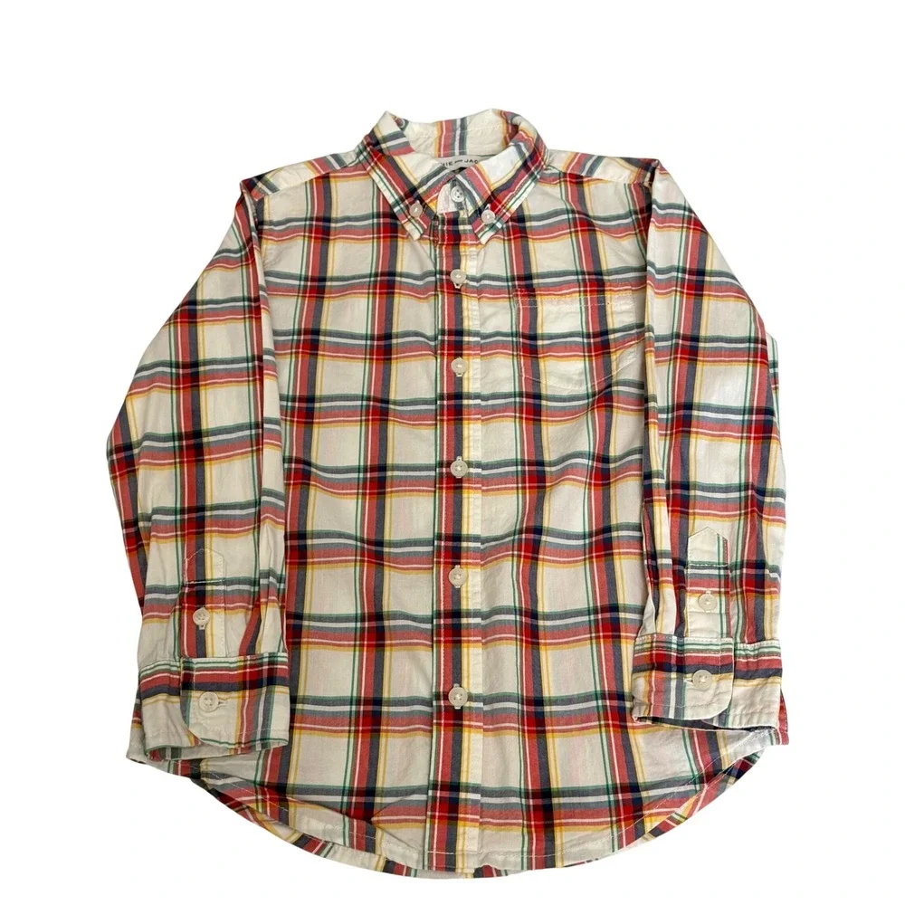 Janie and Jack Boys Size 4 Plaid Button Down Shirt Multicolor Madras Cotton